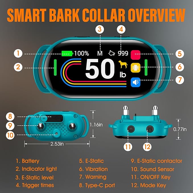 Smart Dog Bark Collar, for Small Medium Large Dogs 10-100lbs, Automatic Dog Training Collar to Decrease Barking, Anti Barking Device with 4 Training Modes, More 8 Sensitivity Levels, Cyan