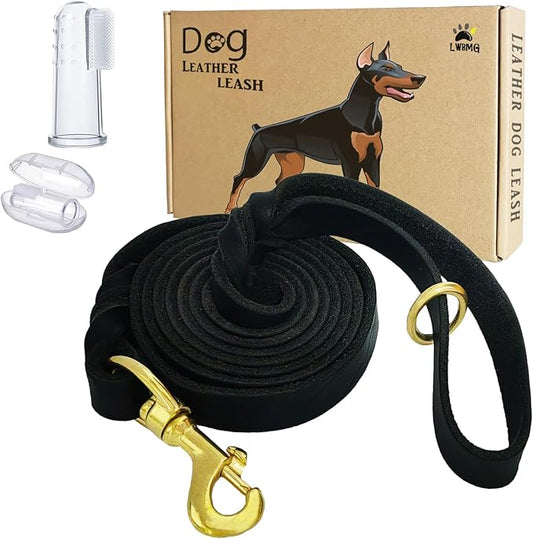LWBMG Leather Dog Leash - 6ft x 3/4 inch Heavy Duty, Braided, Comfortable for Large, Medium & Small Dogs - Black