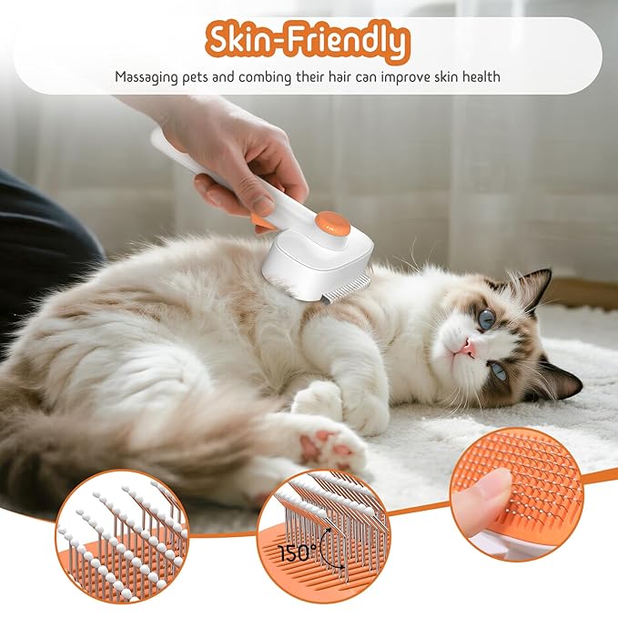 Self Cleaning Slicker Brush, 2-in-1 Cat Brush for Shedding, Skin Friendly Grooming Tool for Long & Medium-Long Hair Pets, Adjustable Bristle Length with Dematting Comb for Cats, Dogs (Orange)