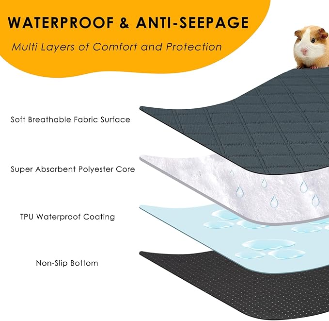 2 Pack Guinea Pig Cage Liners Washable Guinea Pig Bedding Super Absorbent | Waterproof | Non Slip| Reusable Guinea Pig Pee Pads for Small Animals Cages Rabbit Hamster Rat - 48" x 24"