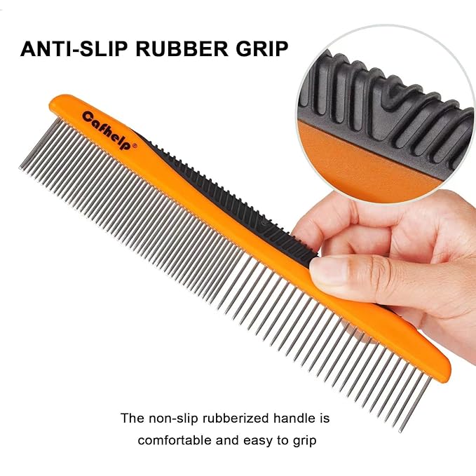 Metal Dog Comb and Cat Comb with Rounded Ends, Smooth Stainless Steel Teeth, Non-Slip Grip Handle for Removing Tangles and Knots in Greyhounds and Other Pets