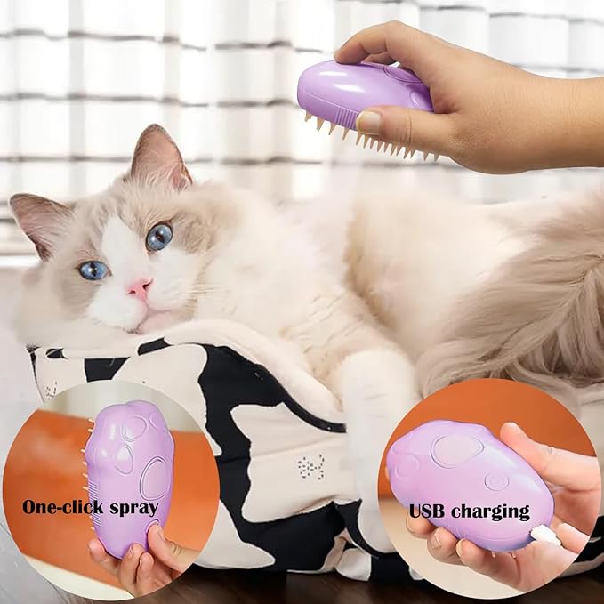 Steam Brush for Cats, Spray Comb Mist Brush, Rechargeable Steam Pet Brush for Dogs and Cats, Self-Cleaning 3-in-1 Cat Hair Brush with Steam for Long and Short Hair for Cats and Dogs (purple)