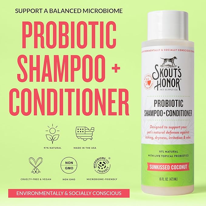 Skout's Honor Probiotic Dog Shampoo & Conditioner with Avocado Oil & Omega-3s, 97% Natural, Paraben & Sulfate-Free, Cruelty-Free, 16oz, Sunkissed Coconut, 2-Pack