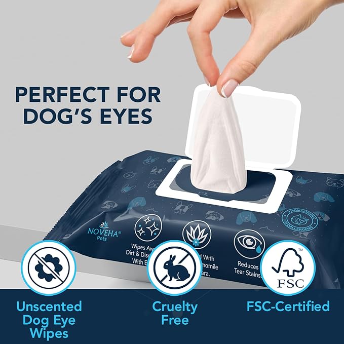 NOVEHA Dog Eye Wipes - Tear Stain Remover for Dogs - Formulated to Remove Eye Debris, Tear Stains & Eye Discharge - Plant Based, Safe, Convenient, and Large Unscented Wipes (100 Count x 3 Packages)