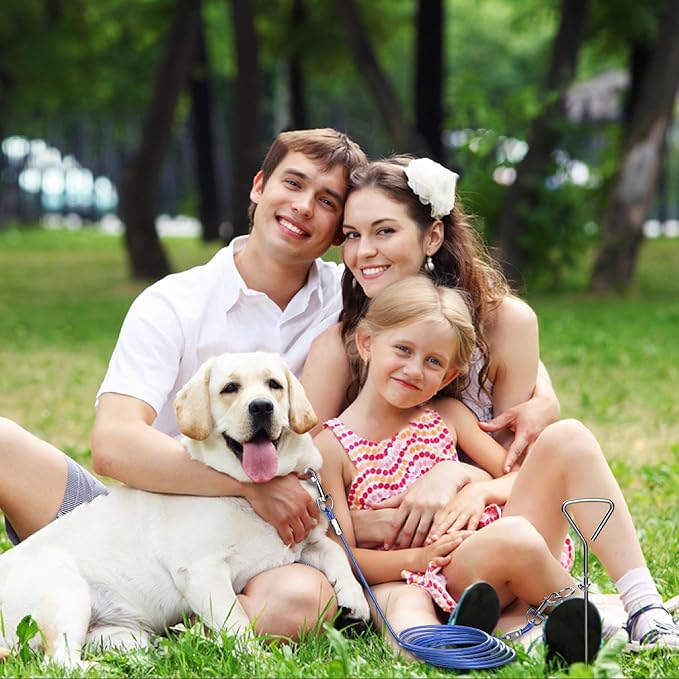 Evilplan Dog Tie Out Cable and Stake, 20ft Outside Dog Leash&Chain for Camping and Yard, 16'' Heavy Duty Anti Rust Spiral Stake for Medium-Large Dogs Up to 125 lbs (20FT, Blue)