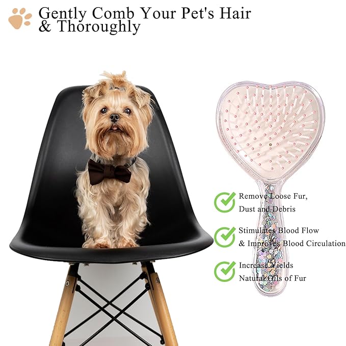 Small Dog Brush, Soft Brush for Shih Tzus, Yorkies, Maltipoos, Maltese, Love Shape Puppy Massaging Hair Comb for Small Dogs Cats Rabbits of All Hair Types (Glitter Pink)