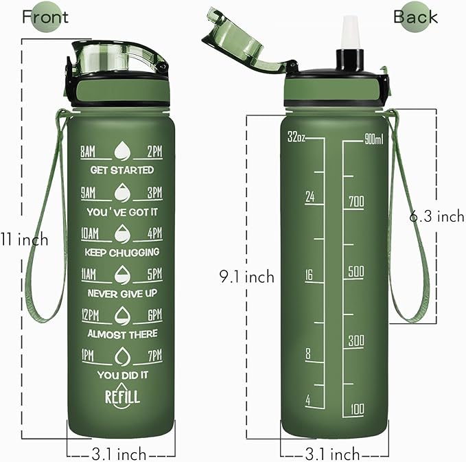 Enerbone Water Bottle, Leakproof BPA & Toxic Free, Motivational Water Bottle with Times to Drink and Straw, Fitness Sports Water Bottle with Strap for Office, Gym, Outdoor Sports