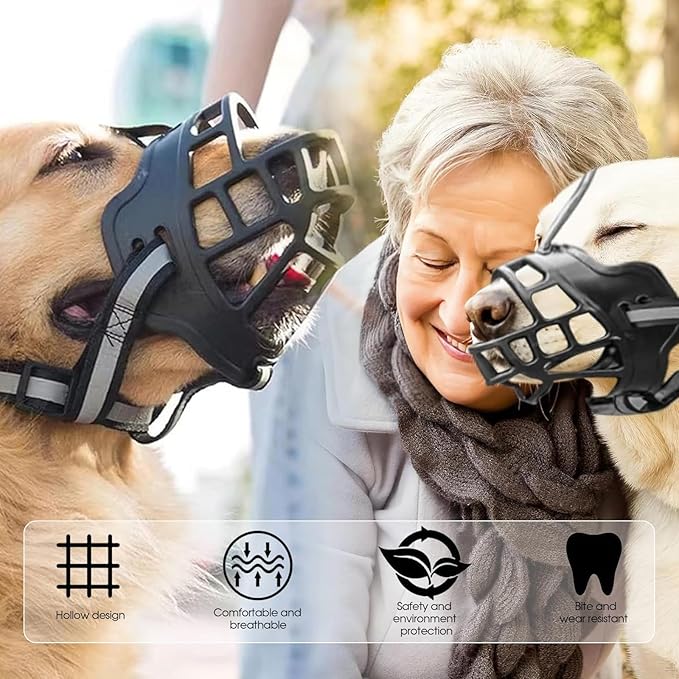 Dog Muzzle, Breathable Basket Muzzles for Small Medium Large Sized Dogs, Adjustable Humane Cage Mouth Cover for Scavenging Grooming Biting Chewing, Allows Panting and Drinking(Soft Rubber, M)