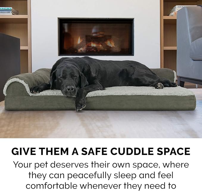 Furhaven Cooling Gel Dog Bed for Medium/Small Dogs w/ Removable Bolsters & Washable Cover, For Dogs Up to 35 lbs - Two-Tone Plush Faux Fur & Suede L Shaped Chaise - Dark Sage, Medium