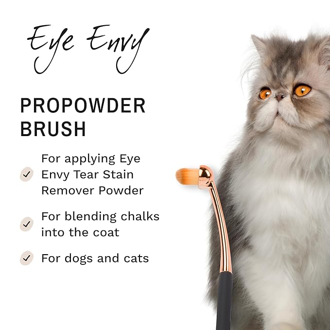 Eye Envy ProPowder Applicator Brush for Dogs and Cats. Use to safely and evenly apply Tear Stain Powder. Small. Washable superfine fiber hair. Long tapered bristles. Ergonomic handle