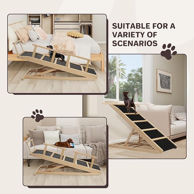 Dog Ramp for Bed PANTAZO Adjustable Ramps for Small Dogs to Get on Bed, Up to 28.5 Inches, 48'' Long,120lbs with Anti-Slip Grip & Safety Rail