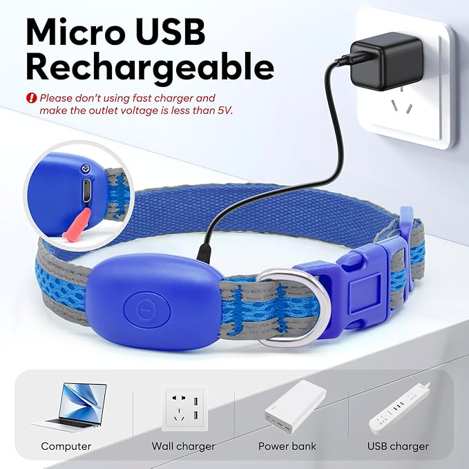 Flashseen LED Cat Collar,Light Up Dog Collar Rechargeable, Dog Lights for Night Walking, Comfortable Soft Mesh Pet Collar Adjustable for Cats Puppy and Small Dogs(Blue, XS)