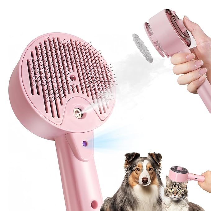 Cat Steam Brush For Shedding, Steamy Dog Grooming Brush With 2-Speed Spray, Blue Light And Release Button, Rechargeable Water Pet Hair Brushes Wet Self Cleaning Spa Comb