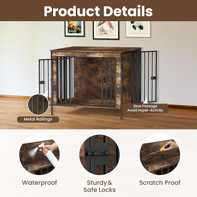 Dog Crate Furniture 40" Sturdy Heavy Duty Dog Kennel Solid Metal Tube Thick Wooden with 3 Lockable Doors Single Dog Cage Large Breed as TV Stand End Table for Large Dog Rustic Brown