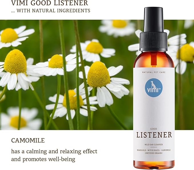 animaux vimi Ear Cleaner Good Listener - Ear Cleaner Spray for Sensitive Dog Ears - Ear Care with Camomile, Calendula & Witch Hazel - for Thorough & mild Cleaning - 3.38 Fl Oz