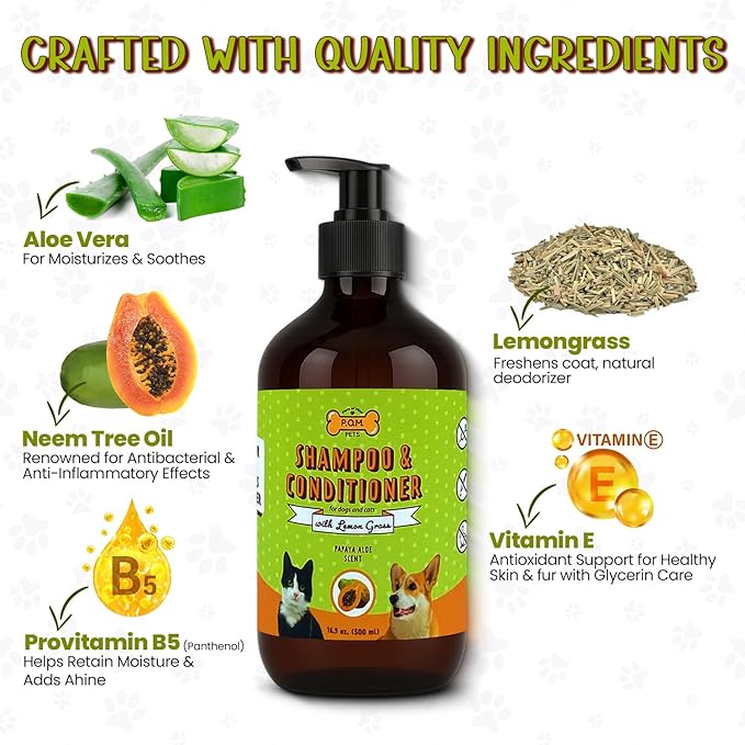 POM Pets 2-in-1 Organic Dog Shampoo & Conditioner – Itchy Skin Relief, Dog Deshedding, Detangles Fur, Cat Shampoo, Paw Cleaner for Dogs, Natural Coat Defense Formula