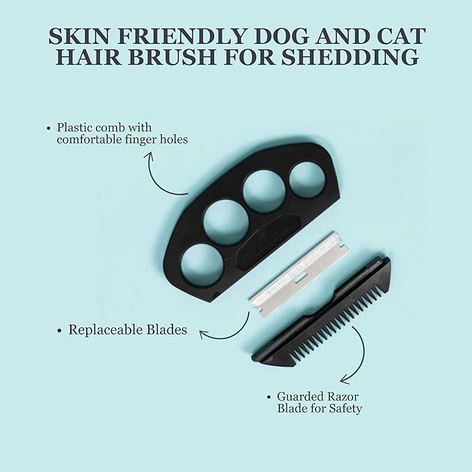 The Fur Hero, Pet hair comb - Skin Friendly Dog and Cat hair brush for Shedding with an embedded razor blade makes Pet Grooming easy, dog and cat accessories, Black