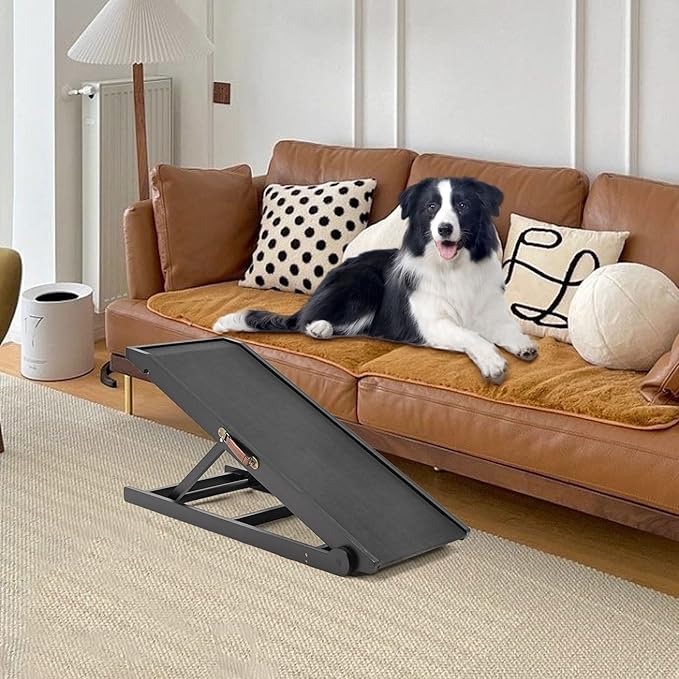 Dog Ramp for Bed, Adjustable Pet Ramps for Dog to Get on Bed, Non-Slip Rubber Surface - Folding Wooden Dog Ramp for Small/Large/Old Dogs, Adjustable up to 19.5 inch High Beds