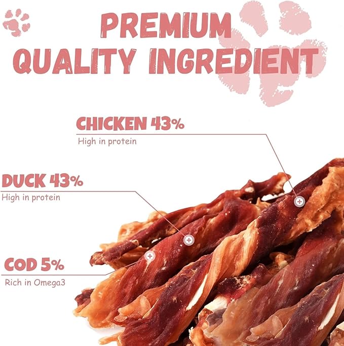Dog Jerky Treats Triple Flavor Chicken Duck Wrapped Cod Twisted Sticks 5'', Rawhide Free Grain Free Dog Training Snacks Chews for Small Medium Large Dogs, 10.6 oz