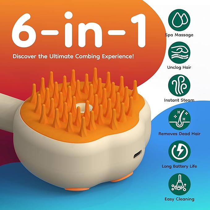 Steam Cat Brush, 6-in-1 Dog Brush Spritz Defur Comb, Steamy Skin Friendly Deshedding Grooming Tool, Suitable for Shedding & Haired Pets, Pet Supplies Accessories,White