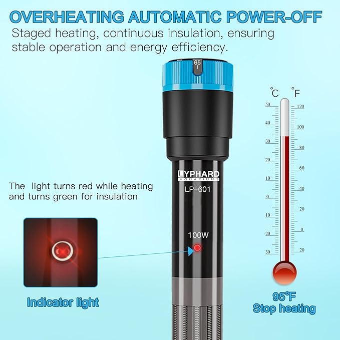 Aquarium Heater, 100W Submersible Fish Tank Heater with Precision Adjust Knob Thermostat and Suction Cup Suitable for Saltwater and Freshwater