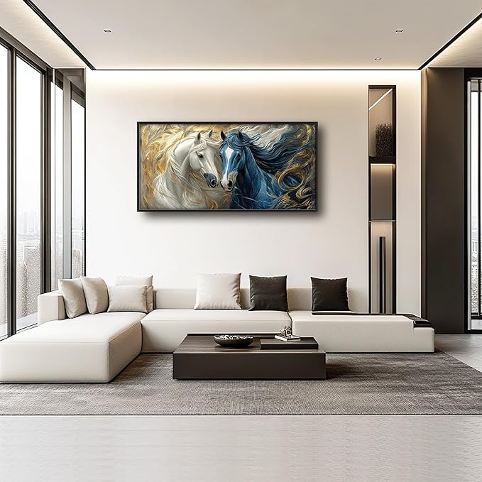 Framed Large Horse Wall Art for Living Room, Oversized Abstract Horses Wall Decor Blue and Golden Canvas Painting Animal Pictures Modern Artwork for Living Room Bedroom Office 60"x30"