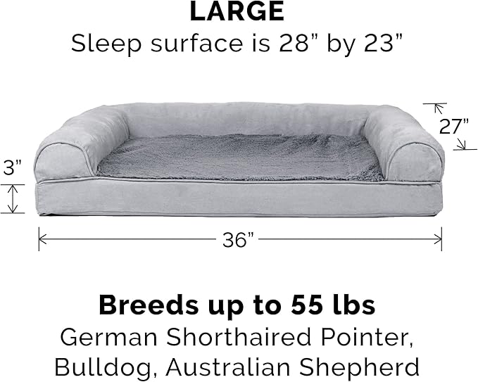 Furhaven Cooling Gel Dog Bed for Large/Medium Dogs w/ Removable Bolsters & Washable Cover, For Dogs Up to 55 lbs - Plush & Suede Sofa - Gray, Large