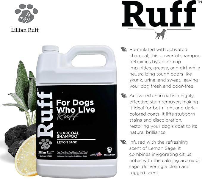 Ruff by Lillian Ruff Activated Charcoal Pet Shampoo – Lemon Sage – Deep Cleanser, Deodorizer & Stain Remover – Hydrates Dry Itchy Skin – Puppy & Dog Safe – USA Made (Gallon)