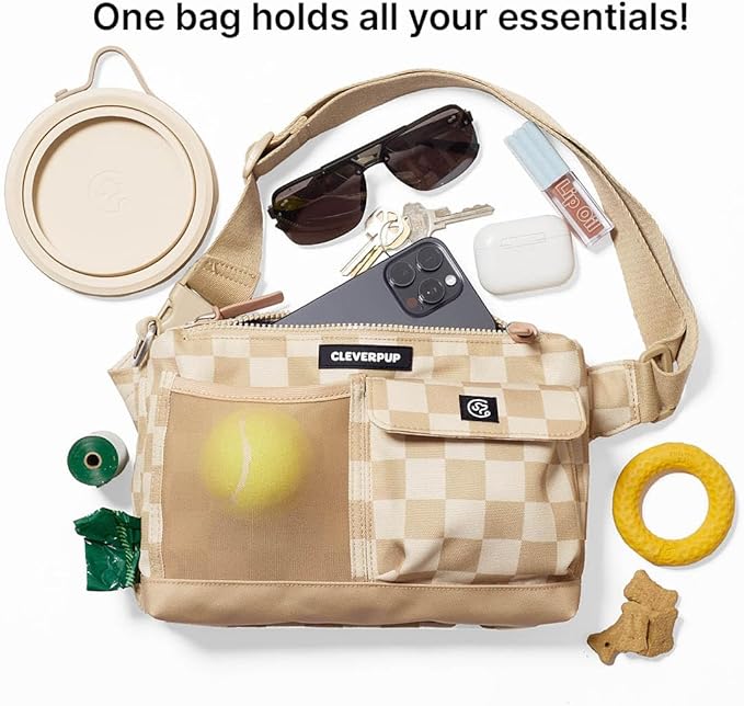 Dog Walk & Train Sling Bag - Hands-Free 2-In-1 Treat Pouch, Poop Bag Holder, Clicker, Phone Pocket - Crossbody/Fanny Pack, Adjustable Strap - Checkerboard