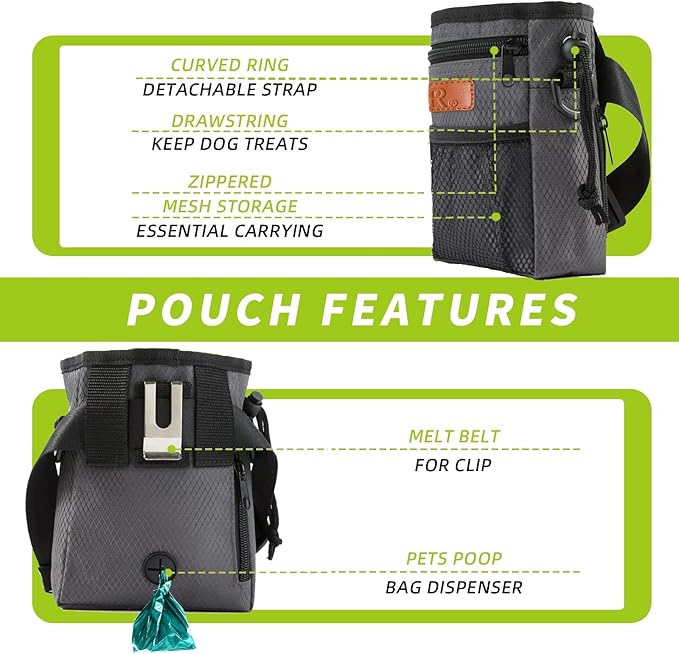 Dog Treat Training Pouch Easily Carries Pet Toys Kibble,Treats Built-in Poop Bag Dispenser 3 Ways to Wear Comes with a Foldable Silicone Bowl(Dark Grey)