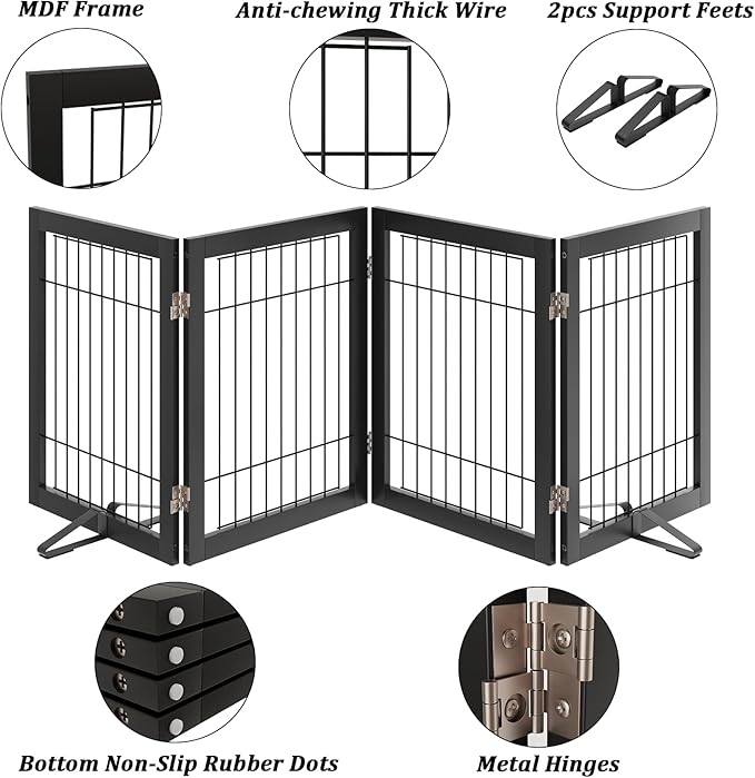 Dog Gate Wire Dog Gates for House Doorways Stairs 24-Inch Freestanding Pet Gate Puppy Fences Indoor (4 Panel, Black)