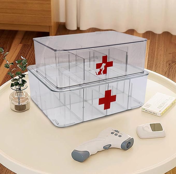 First Aid Box and Pet Frist Aid Storage Bin, Acrylic Medicine Kit Case Organizer Empty, Divided First Aid Storage Box Kit with Hinge Lid, Emergency Kit Storage Box for Family and Pet (Clear)