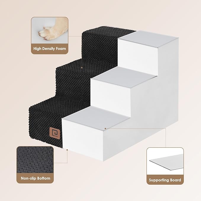 EHEYCIGA Dog Stairs for Small Dogs 13.5" H, 3-Step Dog Steps for Couch Sofa and Chair, Pet Steps for Medium Cats, Non-Slip Balanced Pet Ramp Indoor, Black