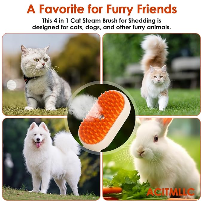 Cat Steam Brush for Shedding & Deshedding - 4-in-1 USB Rechargeable Pet Hair Removal Comb with Water Tank, for Indoor Long/Short Haired Cats & Dogs, Grooming Massage & Cleaning (Khaki)