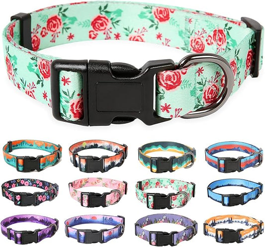 HEELE Dog Collar, Adjustable Soft Dog Collar for Small Medium Large Dogs,Floral Patterned Puppy Collars with Quick Release Buckle L Length 15.94''-25.59'