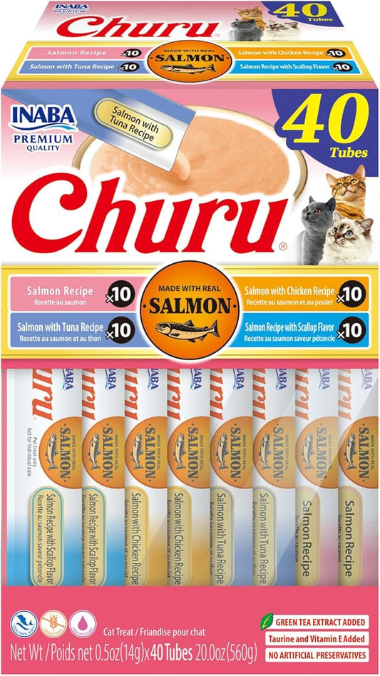 INABA Salmon Churu Cat Treats, Lickable, Squeezable Creamy Purée Cat Treat with Green Tea Extract & Taurine, 0.5 Ounces Each Tube, 40 Tubes, Salmon Variety Box