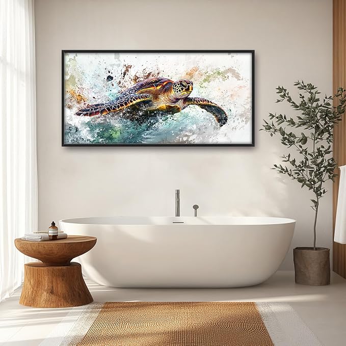 Extra Large Framed Sea Turtle Wall Art,Oversized Abstract Colorful Sea Nautical Wall Decor Pictures for Living Room,Canvas Print Painting Modern Artwork Bedroom Office Bathroom Home Decor 60L x30W