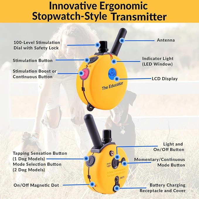 Educator E-Collar Humane Dog Training Collar with Remote, 100 Safe Tapping Stimulation Levels, Night Light, Waterproof, Rechargeable, 3/4 Mile 2 Small-Medium Dogs, Yellow