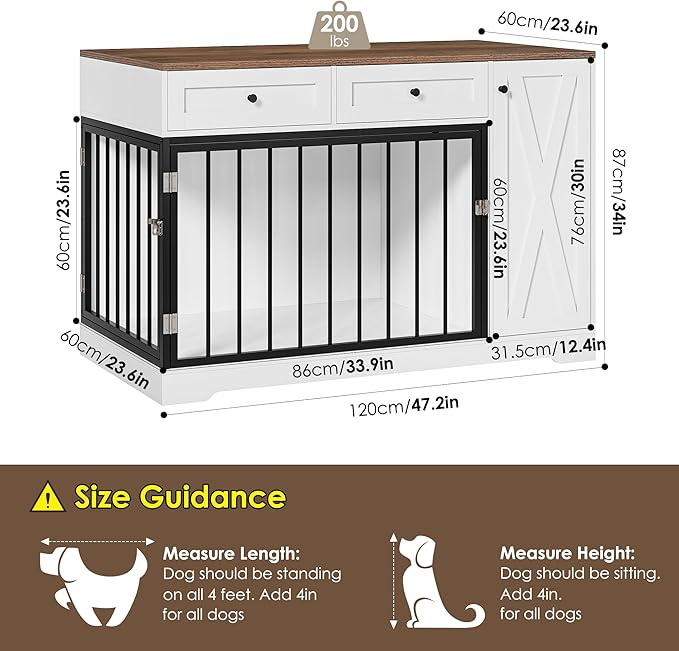 Dog Crate Furniture Kennel with Double Doors Wooden Pet House with 2 Drawers and Storage Cabinet, Indoor Dog Cage Farmhouse Modern Side End Table for Small Medium Dogs, White