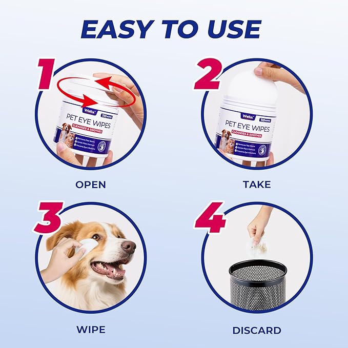 Wellix Dog & Cat Eye Wipes for Discharge and Crust - Pet Eye Wipes Tear Stain Remover for Dogs and Cats - Dog and Cat Grooming Wipes for Eyes and Wrinkle - 110 Counts