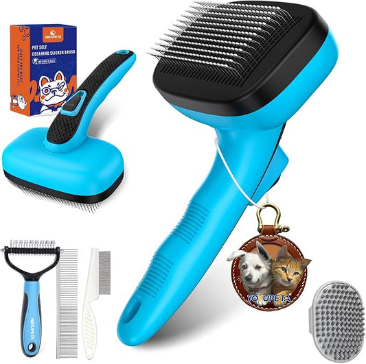 5 PCS Dog Grooming Brush Kit – Self Cleaning Slicker Brush for Shedding Short & Long Haired Dogs & Cats. Removes Loose Fur, Undercoat, Mats, Tangles. Suit for Small, Medium & Large Pets. Blue