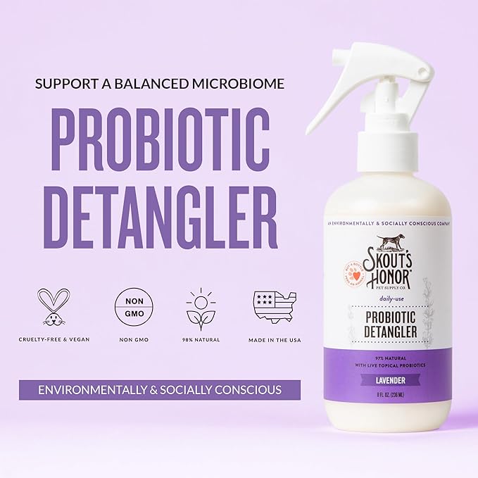 Skout's Honor Pet Detangler Spray - Hydrating & Conditioning with Avocado Oil & Probiotics, 97% Natural, Paraben & Sulfate-Free, softens for a More brushable Coat, Daily Use, 8oz, Lavender