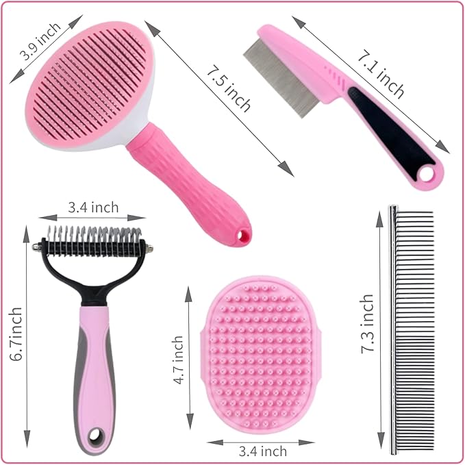 Dog Grooming Kit - Deshedding Brush for Short Hair, Slicker Brush, Flea Comb, Puppy Brush Set in Pink