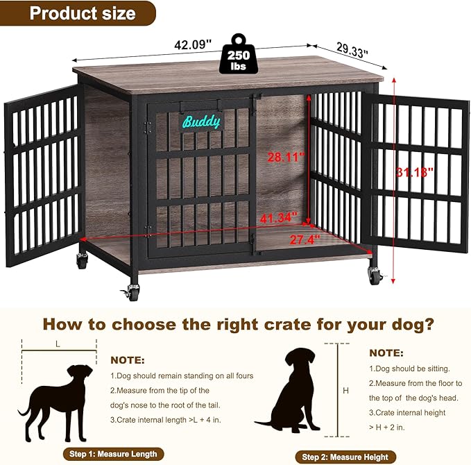 EasyCom 42"/41"/33" XL Dog Crate Furniture with Casters, Heavy Duty Dog Kennel Indoor for Large and Medium Dogs, Double-Doors Sturdy Dog Cage for Anxiety Dog, Decorate House as TV Stand, Bedside Table