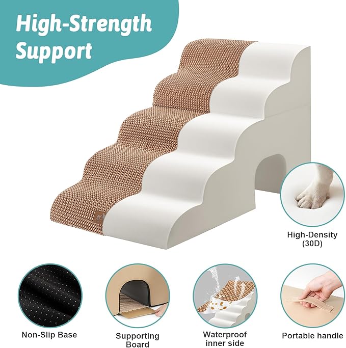 Extra Wide Dog Stairs with Tunnel, Detachable Large Pet Step for Small Medium Dog, Puppy or Cat, Ramp for High Bed, Couch, Sofa or Car, Stable, 19.7x33x22.4 inch, 5 Step, Light Brown