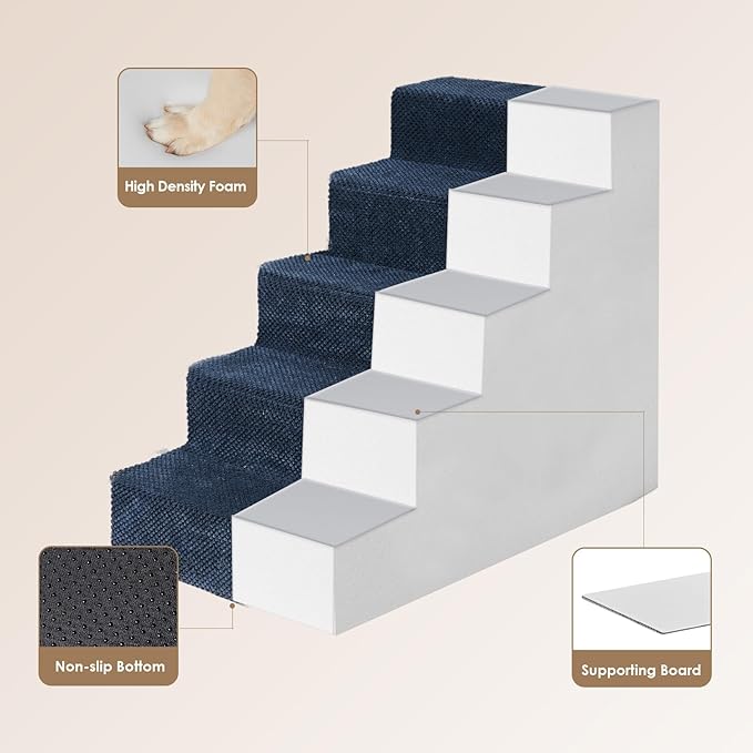 EHEYCIGA Dog Stairs for High Bed 22.5" H, 5-Step Dog Steps for Bed, Pet Steps for Small Dogs and Cats, Non-Slip Balanced Pet Ramp Indoor, Navy Blue