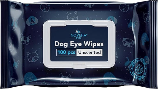 NOVEHA Dog Eye Wipes - Tear Stain Remover for Dogs - Formulated to Remove Eye Debris, Tear Stains & Eye Discharge - Plant Based, Safe, Convenient, and Large Unscented Wipes (100 Count x 1 Package)