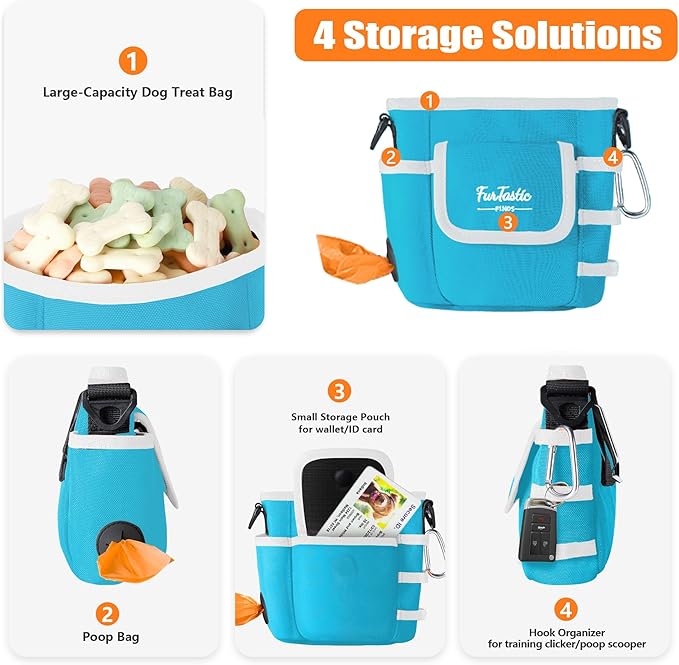 Dog Treat Pouch with Quick-Release Magnetic Closure, 3-Way Wear Treat Bags, 900D Waterproof Fabric, 4 Storage Spaces, Treat Pouch for Pet Training Walking (Blue)