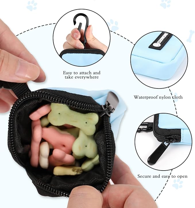 Dog Treat Pouch 2 PCS, Waterproof Small Dog Treat Bag for Leash, Hands Free Puppy Walking Bag with Carabiner, Pet Poop Bag Holder for Pet Puppy Travel or Outdoor Use, Zipper Closure to Avoid Spilling
