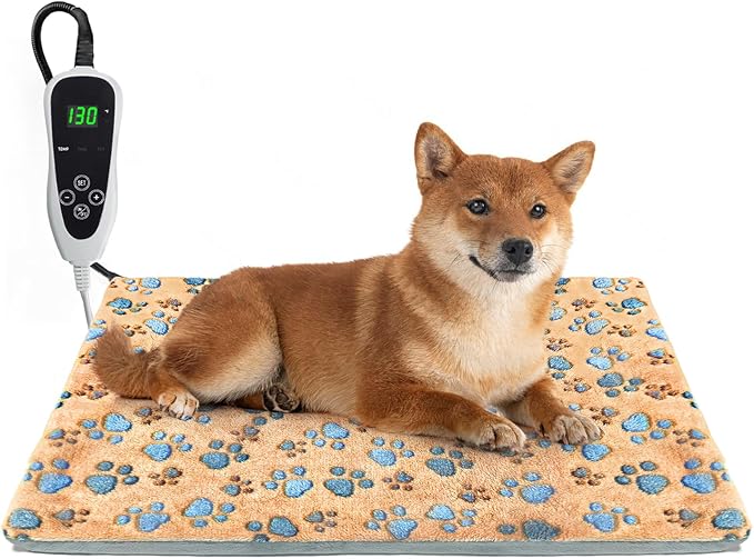 Dog Heating Pad,28×18 in Waterproof PVC Pet Heating Pad, Adjustable Thermostat+Constant On Function, Metal Protective Tube Comes with a Plush Cotton Sleeve，Whelping Box-Apricot